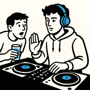 Cartoon how DJs handle requests in the booth