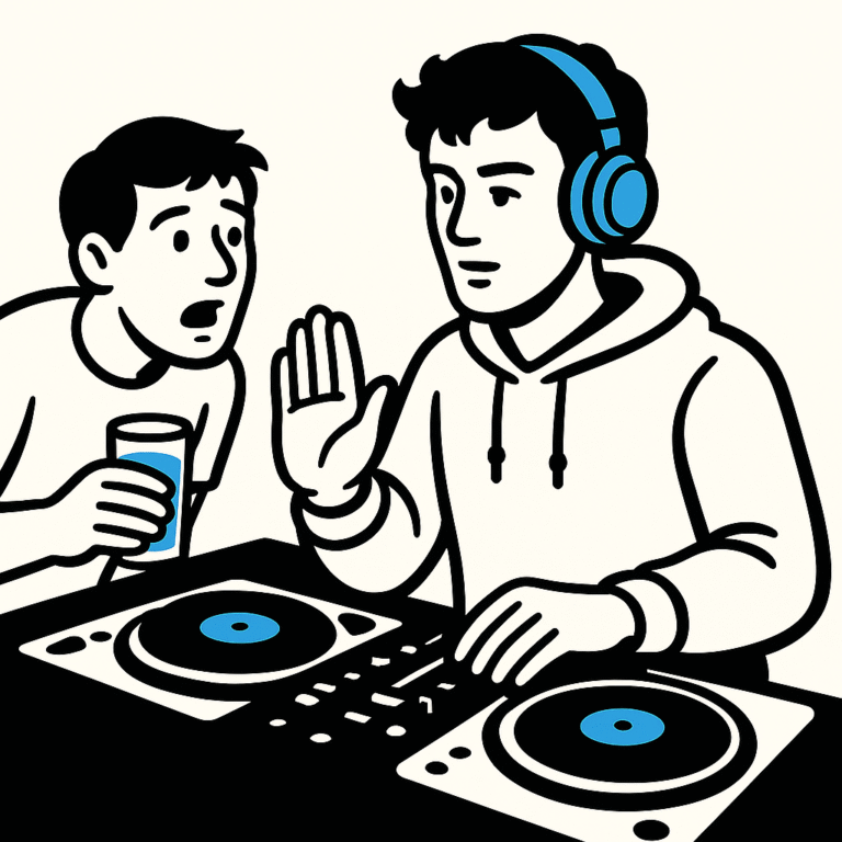 Cartoon how DJs handle requests in the booth