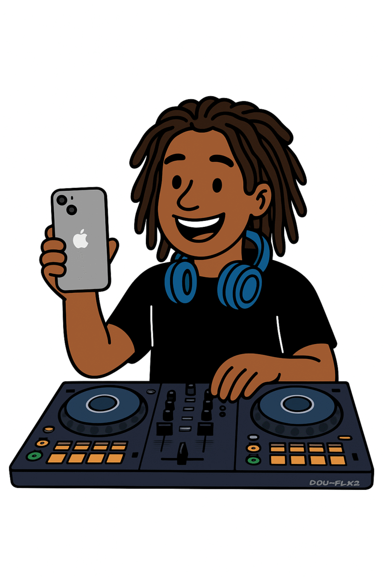 DJ playing with iPhone 15 for AlphaTheta DDJ-FLX2"